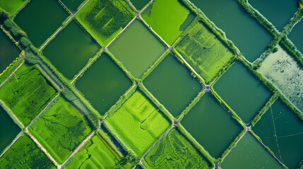 Spirulina algae farm, aerial view of cultivation ponds, vibrant green patterns, showcasing sustainable superfood production