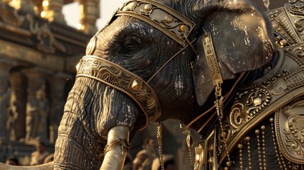 The intricate designs on the elephants armor reflect the grandeur and sophistication of the Mauryan Empire.