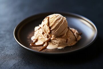 Hearty ice cream on a rustic plate against a minimalist or empty room background