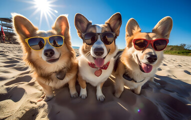 A group of dogs on a sunny beach