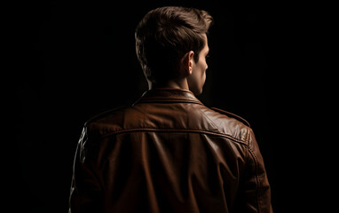 A young man in a brown jacket, rear view.
