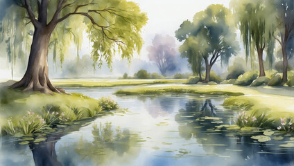 Digital watercolor painting of a serene pond surrounded by weeping willows.