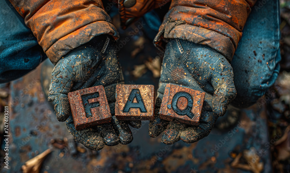 Poster close-up of someone's hands arranging wooden blocks with letters spelling faq on a rustic, aged meta