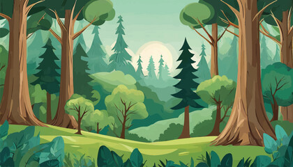 Illustration of a Lush Vector Forest Scene with Diverse Trees, Perfect for Nature Lovers and Environmental Themes. Enhance Your Projects with This Vibrant and Detailed Image. 