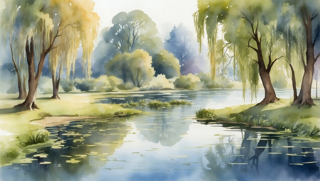 Digital watercolor painting of a serene pond surrounded by weeping willows.
