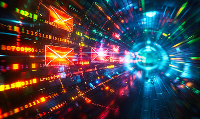 Obraz premium Dynamic digital representation of email communication with vibrant envelopes flying through a cyberspace tunnel, symbolizing fast-paced information exchange