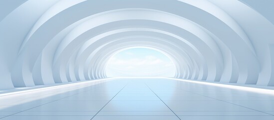 A white tunnel with a light shining at the end, creating a sense of distance and depth. The tunnel is wide and empty, with abstract architectural design elements.
