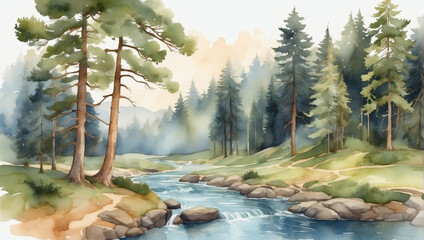 Digital watercolor painting of a tranquil forest with tall pine trees and a meandering stream.