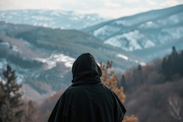 russian orthodox monk standing in mountains from his back in mountains