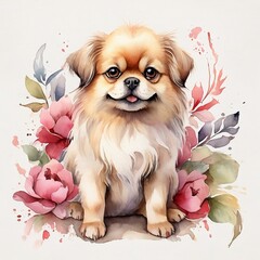 Watercolor Pekingese Clipart, aquarela, colorfully. AI Generative