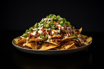 Hearty nachos on a porcelain platter against a minimalist or empty room background