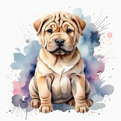 Watercolor Shar Pei Clipart, aquarela, colorfully. AI Generative