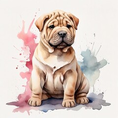 Watercolor Shar Pei Clipart, aquarela, colorfully. AI Generative