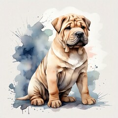 Watercolor Shar Pei Clipart, aquarela, colorfully. AI Generative