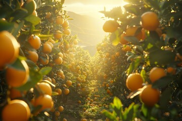 Close-up of ripe oranges on a tree, bathed in the warm glow of the setting sun, highlighting the freshness of the fruit.