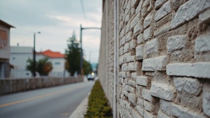 Fototapeta na wymiar City street with long concrete wall