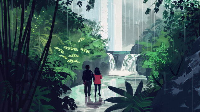 Amidst the bustling city a couple takes a leisurely stroll through a serene green space filled with vibrant greenery and a babbling stream.