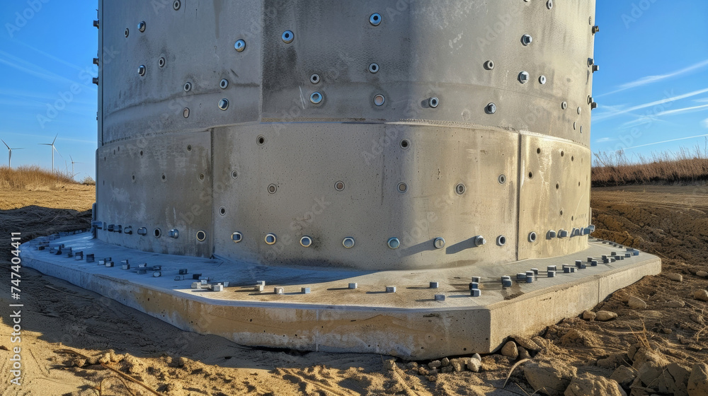 Poster a closeup of the turbines concrete foundation with bolts and reinforcement bars visible as it anchor