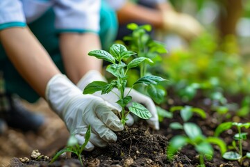 Gardener Planting Young Seedlings In Fertile Soil With Care, Sustainable Agriculture And Growth