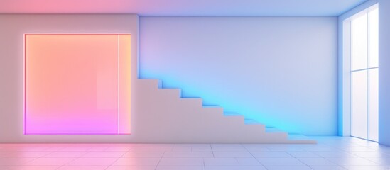 A room in a minimalist house featuring a staircase and a window. The room is illuminated by color gradient neon lighting, creating a modern and sleek atmosphere.