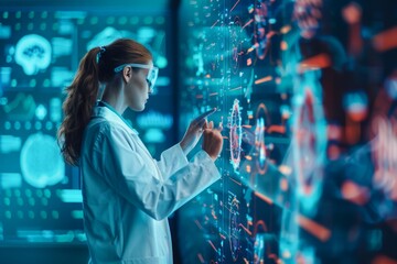 Female Research Scientist Analyzing Genetic Data on Futuristic Transparent Screen in High-Tech Laboratory