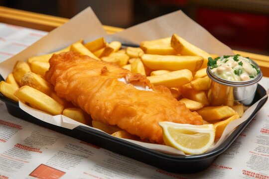 Juicy fish and chips on a metal tray against a pastel or soft colors background