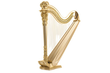 Elegant Gold Pedal Harp Isolated on White Background
