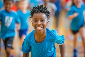 Smiling Young African American Boy Participating in School Sports Day Race with Friends in Background