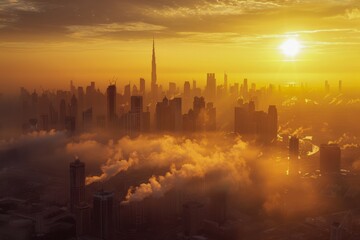 Majestic Sunrise Over Modern City Skyline with Glowing Sunlight and Hazy Fog Above Skyscrapers and Urban Landscape
