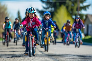 Fototapeta premium Group of Joyful Children Riding Bicycles on Sunny Suburban Street with Safety Helmets