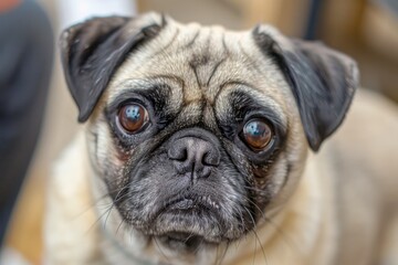 Obraz premium Close-Up Portrait of a Cute Pug Mix with Big Soulful Eyes and Expressive Face on a Blurred Background