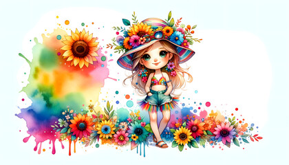 Obraz na płótnie Canvas Cute girl child, colorful watercolor on white background.