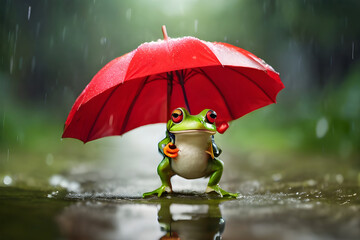 Cute little frog under a red umbrella in the rain. Minimal illustration. AI platform
