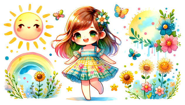 Cute girl child, colorful watercolor on white background.