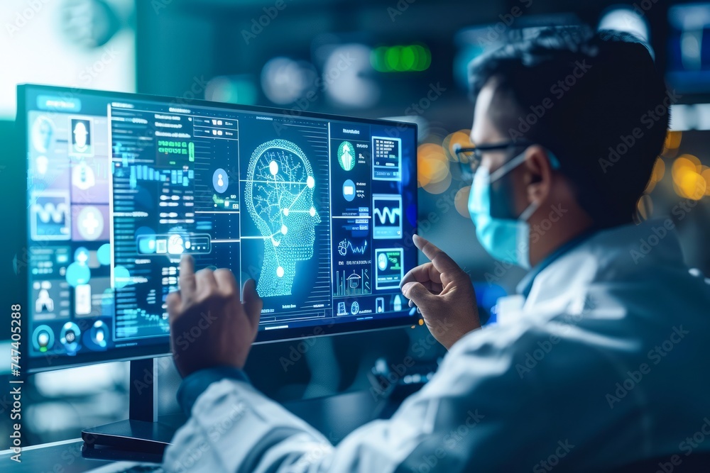 Poster futuristic medical research scientist uses touchscreen interface for data analysis in a high-tech la