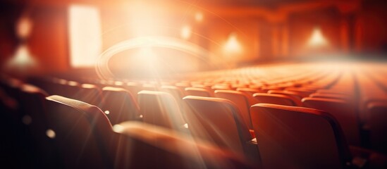 A blurry view of a row of seats inside a theater, with the focus on the repetition of seats fading into the background, creating a sense of depth and perspective.