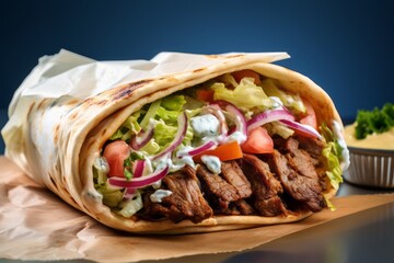 Delicious doner kebab on a metal tray against a pastel or soft colors background