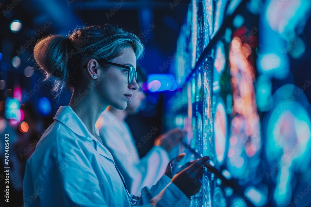 Aufkleber professional woman using futuristic interface with touchscreen technology in a high-tech environment