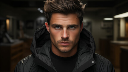 Obraz premium Man Working at Desk in Dark Room. Generative AI