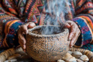 Traditional Ethnic Clay Pot Emitting Smoke Held by Person in Colorful Tribal Garments