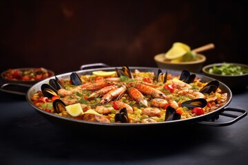Tasty paella on a slate plate against a pastel or soft colors background