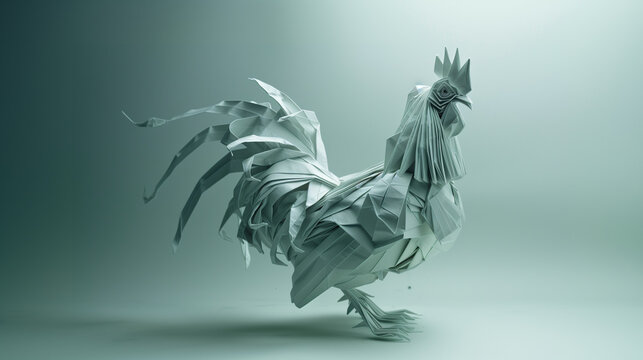 A meticulously crafted origami rooster presented in a monochromatic palette, showcasing intricate structural designs.