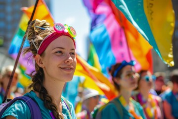 Young Woman Smiling at LGBTQ+ Pride Parade with Colorful Flags in Background