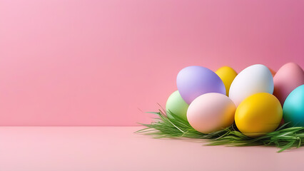 Fototapeta na wymiar Minimalist Easter banner with a pink solid background. Colorful Easter eggs and copy space. High quality photo