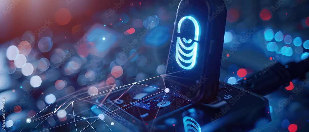 Poster a computer with a phone icon on top viewed from behind, in the style of futuristic abstracts, focus 