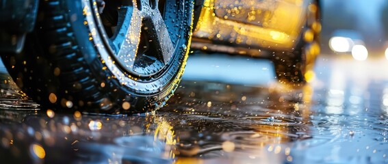 close up of a car on a rainy road, repetitive, glitter and diamond dust, textured canvas, golden light