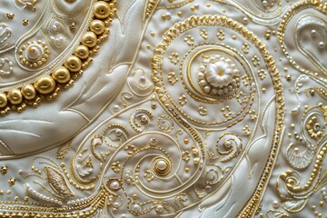 White and Gold Embroidery Texture Background, Abstract Embroidered Pattern, Copy Space