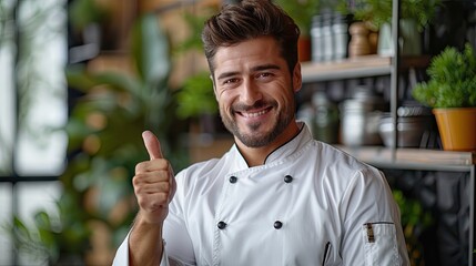 a chef man confidently gives a thumbs up to display culinary excellence.