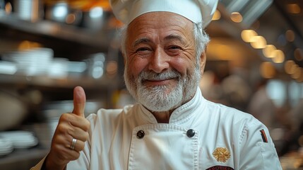 a chef man confidently gives a thumbs up to display culinary excellence.