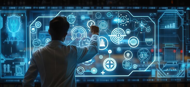 a doctor touching a blue touch screen displaying various icons related to technology, in the style of motion blur